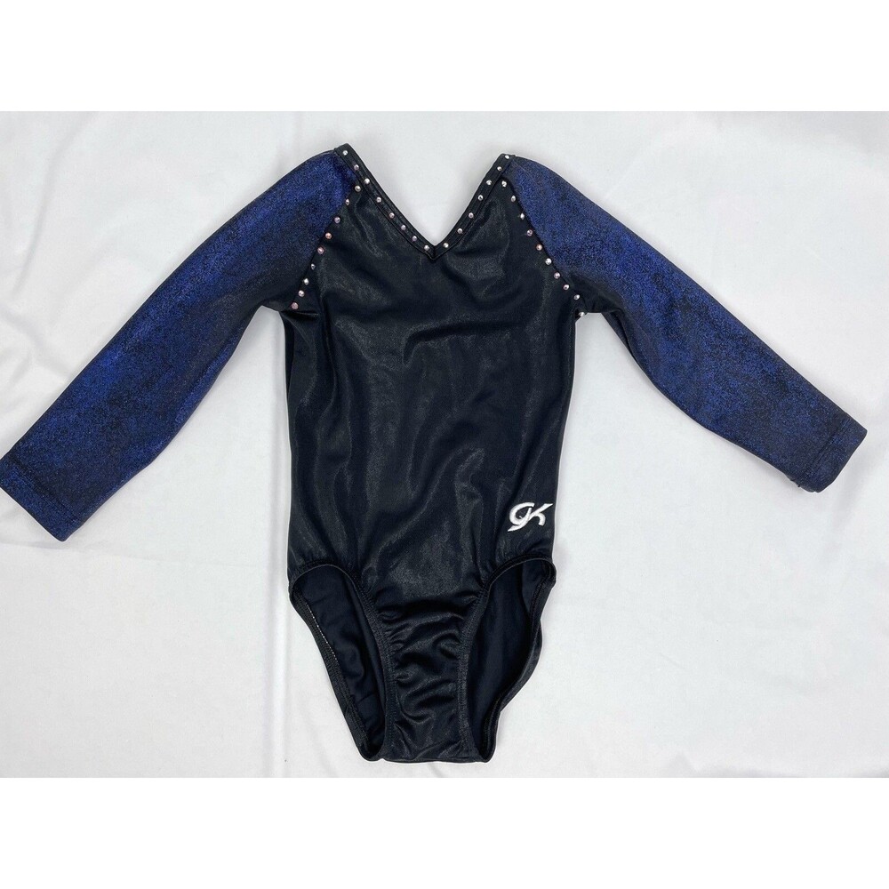 GK Child L CL Blue Black Leotard Competition Gymnastics Bling Rhinestones